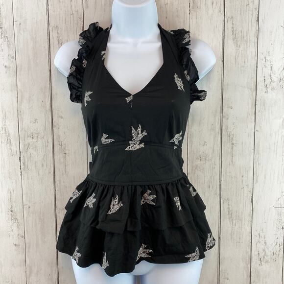 Anthropologie Girls from Savoy Black Embroidered Swallow Dive Halter Top Size 0 - Picture 1 of 11